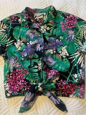 Tropical Floral Tie-Front Shirt — Green, Pink, Purple